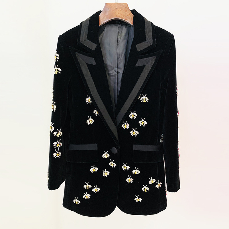 Stylish Fitted Bee Embellished Velvet Blazer - Image 6