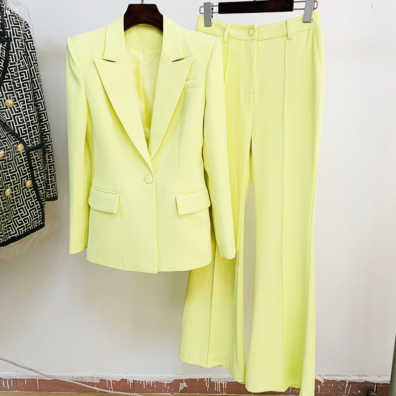 Fashionable Blazer And Flare Pant Set In Soft Yellow - Image 2
