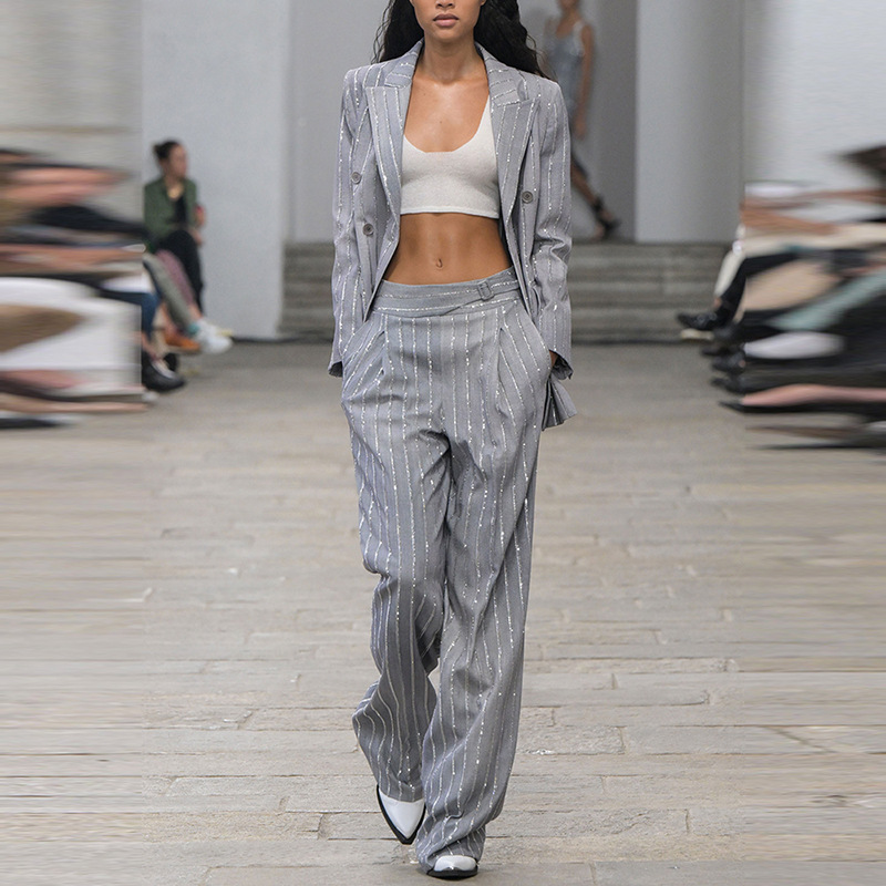 Gray Double-Breasted Blazer Pantsuit Set