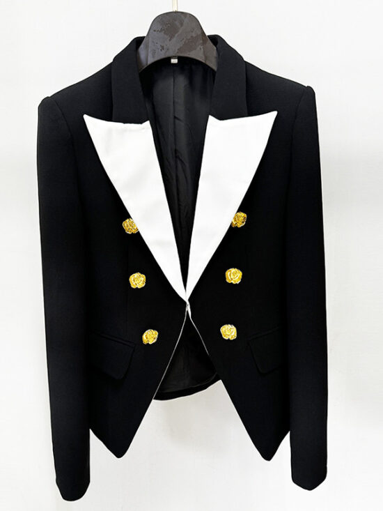 Fashionable Color Block Blazer With Metal Rose Button