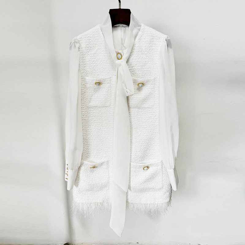 Chic Feather Hem Chiffon Dress With Boucle Paneling - Image 4