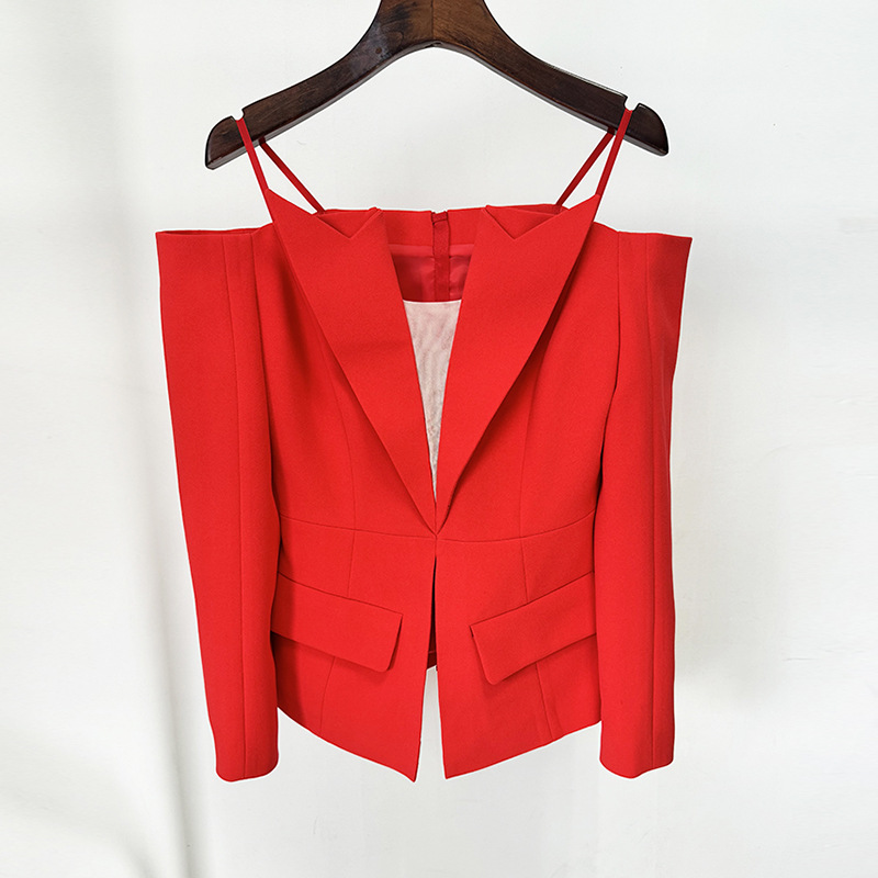 Fashionable Asymmetrical Zip Blazer With Off-The-Shoulder Design - Image 6