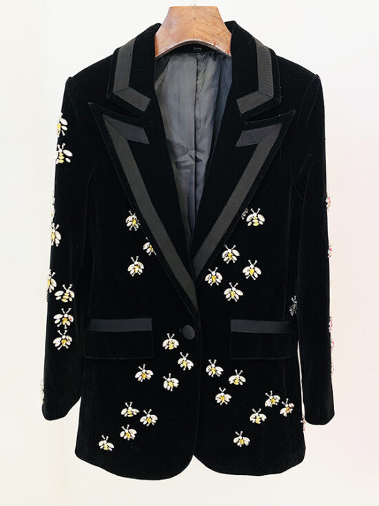 Stylish Fitted Bee Embellished Velvet Blazer