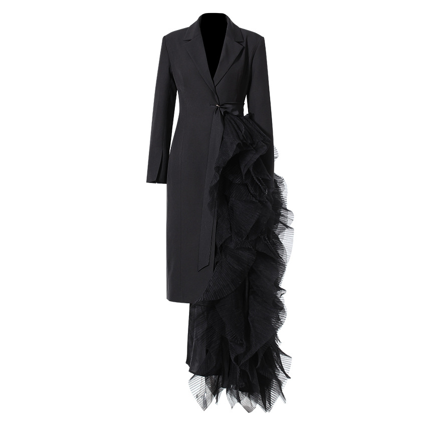 Asymmetrical Suit Dress With Tulle Details Elegant Maxi Coat - Image 6