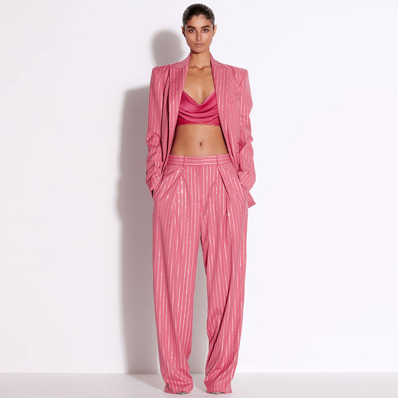 Elegant Crystal Rhinestone Suit Set With Long Pants