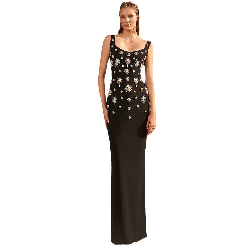 Elegant Black Long Maxi Dress With Beaded Embellishments - Image 5