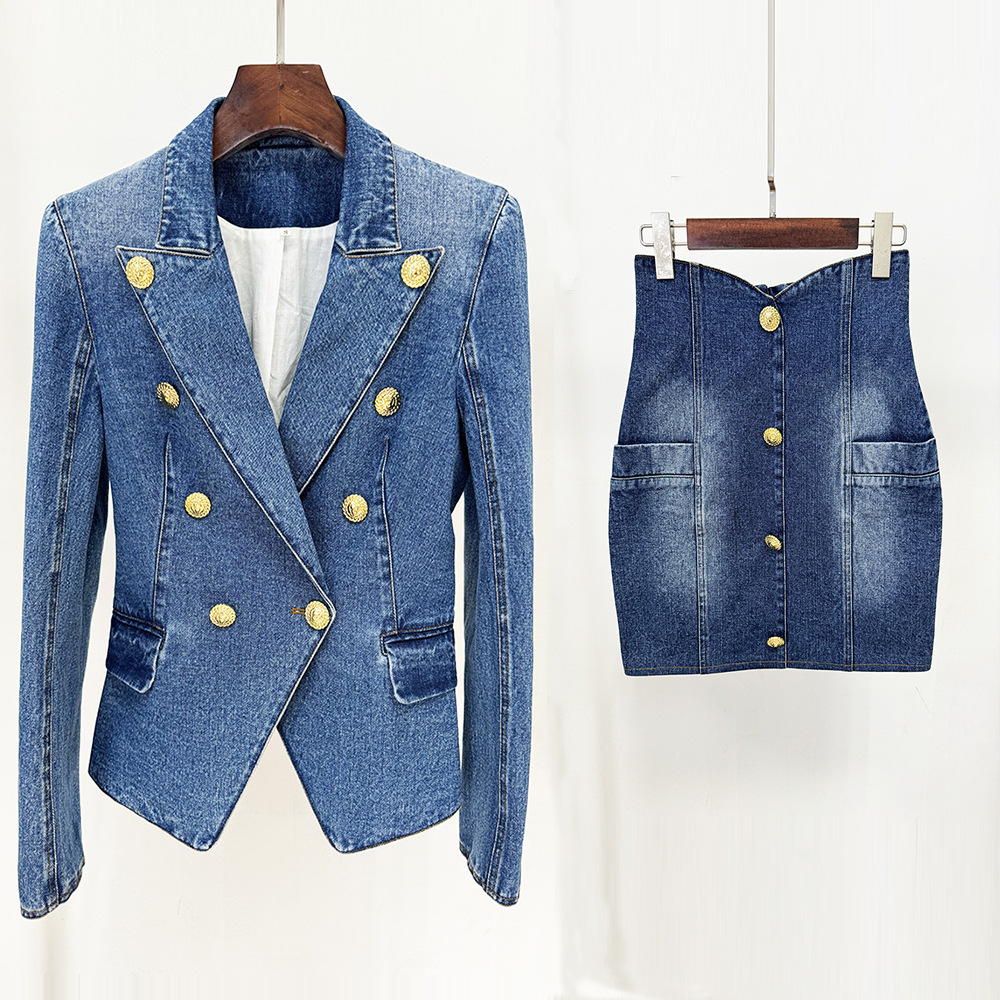 Trendy Tailored Double-Breasted Denim Blazer - Image 8
