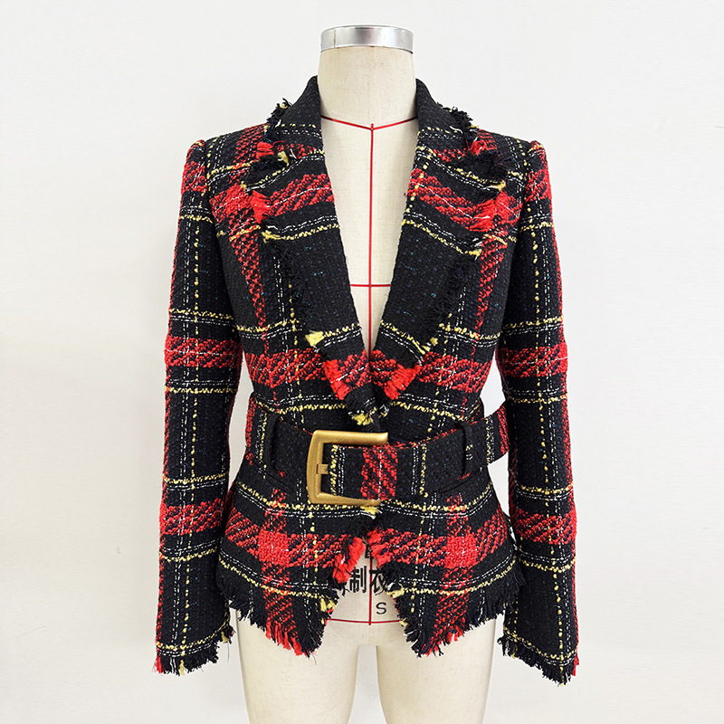 Trendy Checkered Tweed Blazer With Waist Tie - Image 2