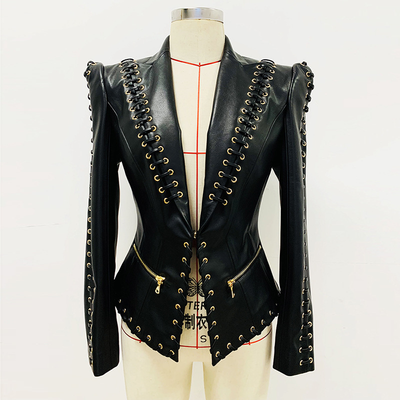 Stylish Black Pu Leather Blazer With Tie Waist - Image 2