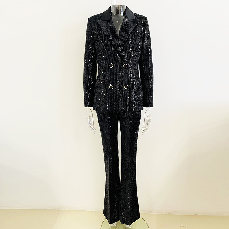 Fashionable Velvet Sequin Double-Breasted Blazer And Flared Pants Set - Image 2
