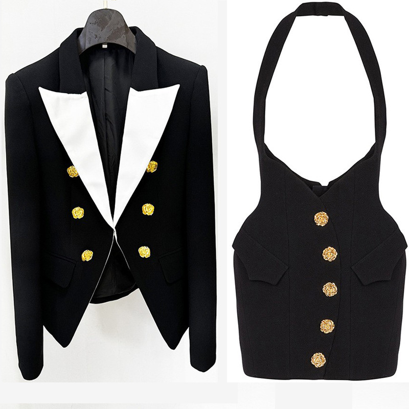 Fashionable Color Block Blazer With Metal Rose Button - Image 8