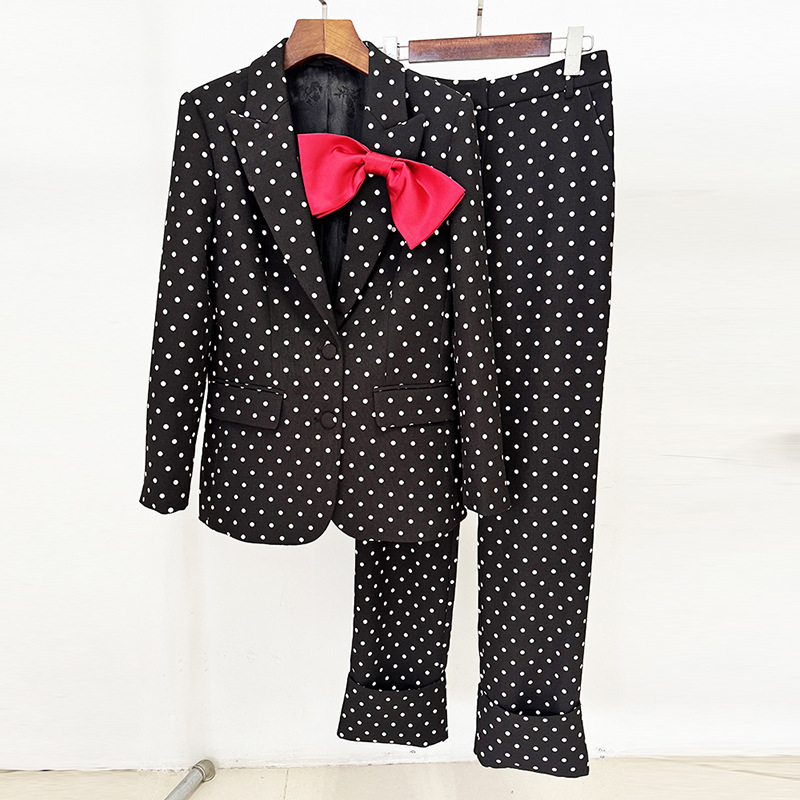 Polka Dot Blazer And Trousers Set With Bow Decoration - Image 2