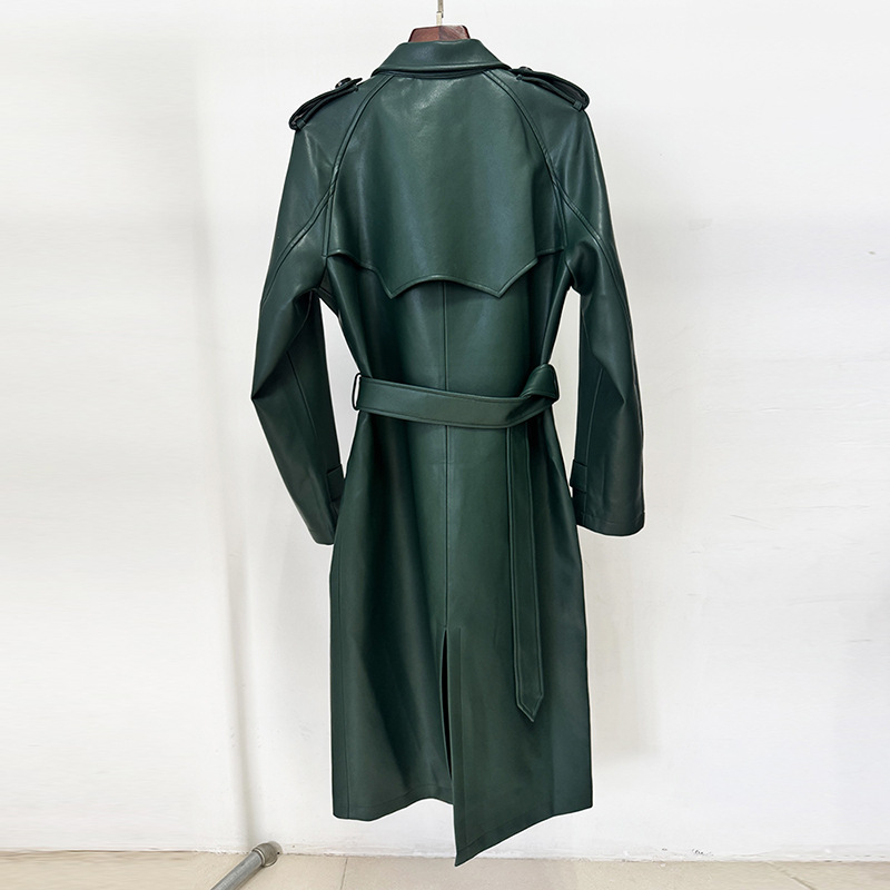 Double-Breasted Belted Faux Leather Trench Coat - Image 3