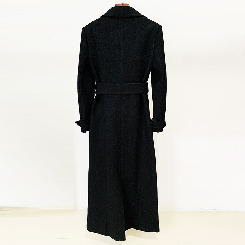 Trendy Black Long Woolen Coat With Belt - Image 4