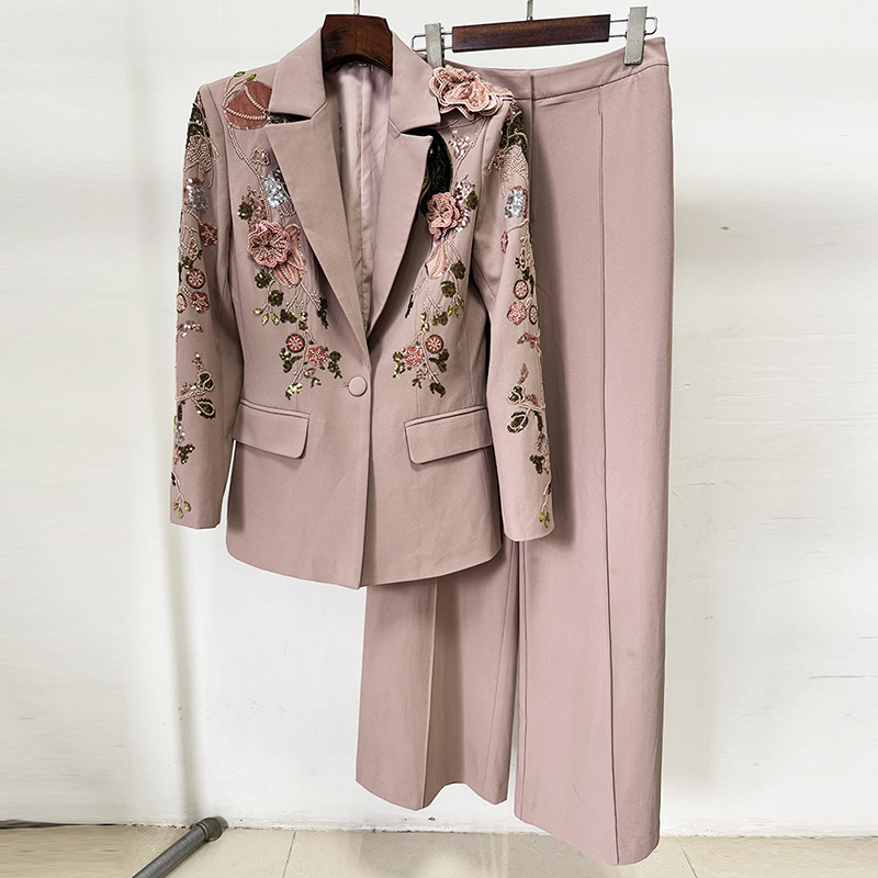 Fashionable Beaded Floral Jacket And Wide-Leg Pant Set - Image 2