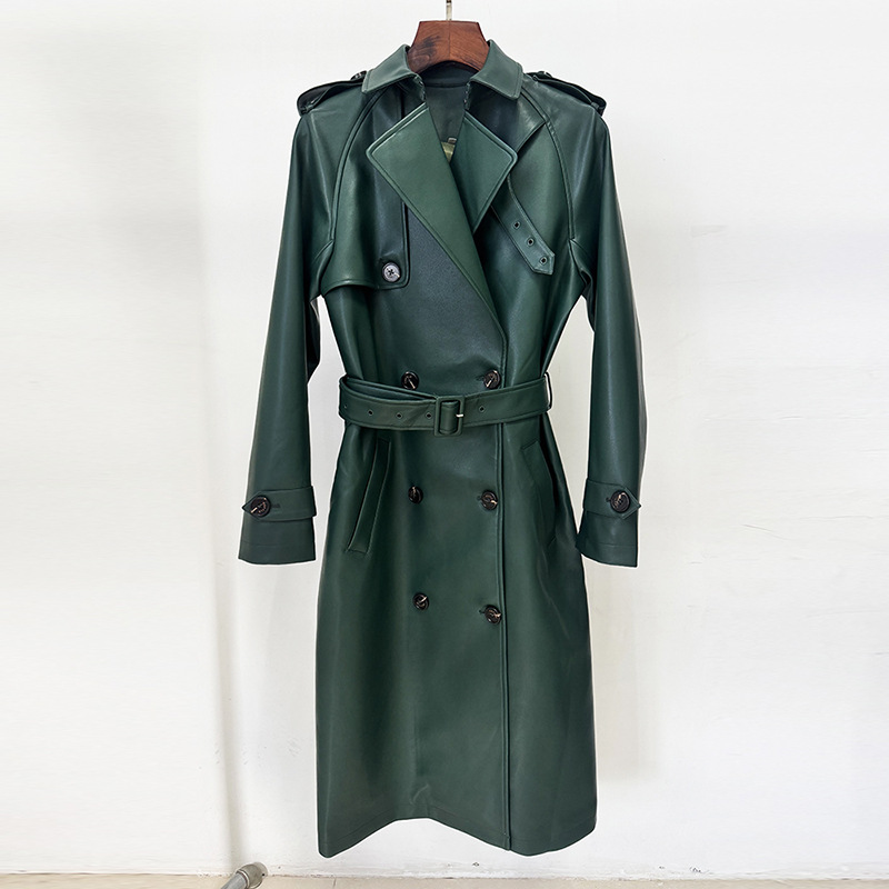 Double-Breasted Belted Faux Leather Trench Coat - Image 2