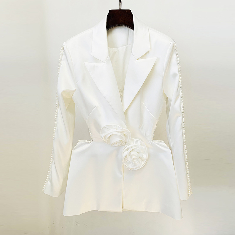 Trendy Hollow Floral Beaded Blazer Pants Set - Image 2