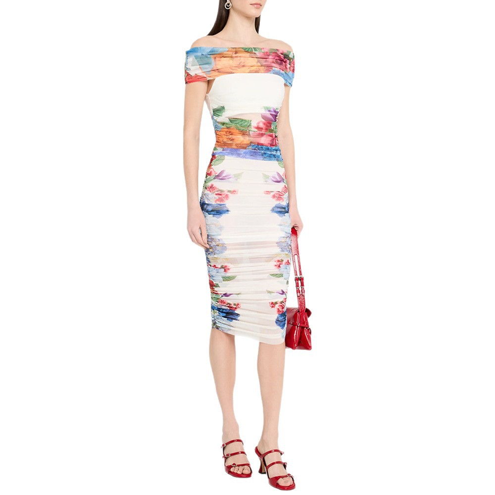 Fashionable One-Shoulder Mesh Printed Top And Elastic Midi Skirt Set - Image 5