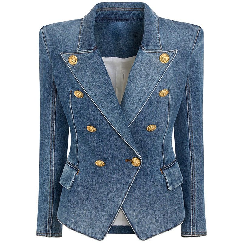 Trendy Tailored Double-Breasted Denim Blazer - Image 5