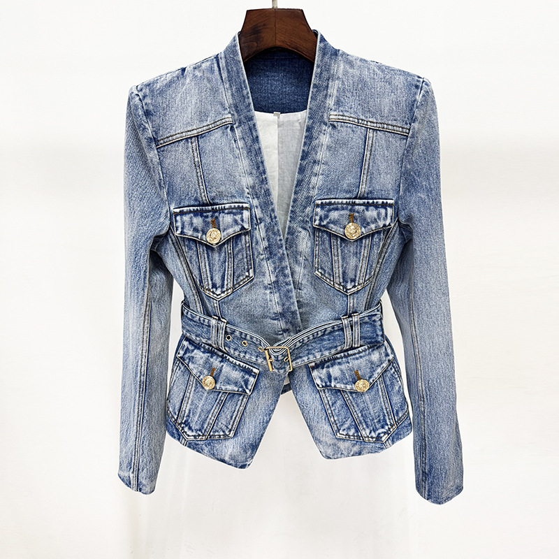 Trendy Slim-Fit Denim Blazer With Belt - Image 6