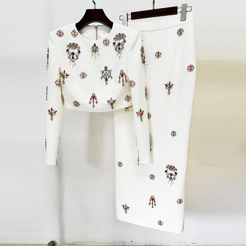 Trendy Beaded Short Sleeve Top And Long Skirt Set - Image 3