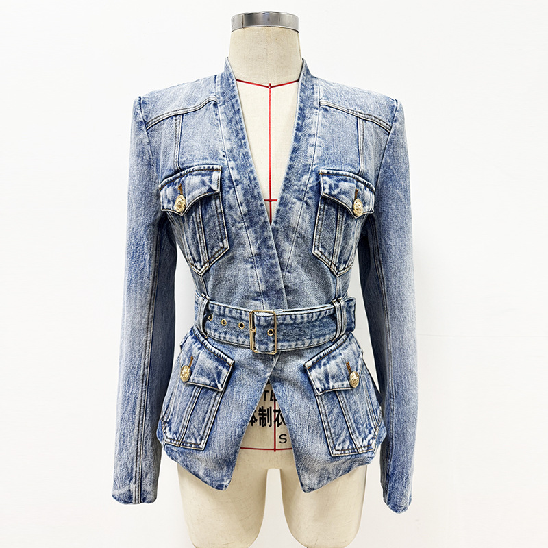Trendy Slim-Fit Denim Blazer With Belt - Image 4