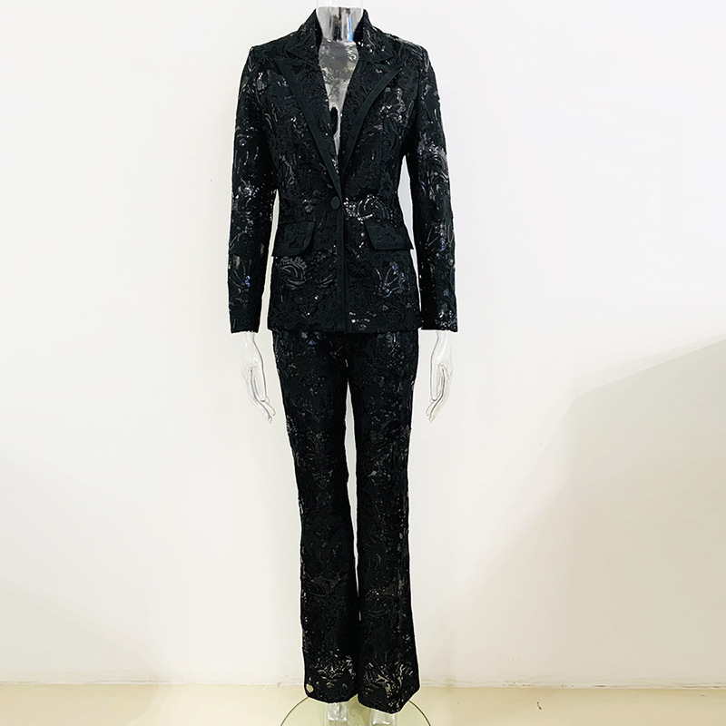 Fashionable Sheer Embroidered Blazer And Trouser Set