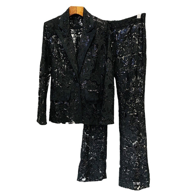 Fashionable Sheer Embroidered Blazer And Trouser Set - Image 5