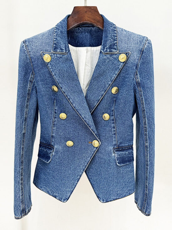 Trendy Tailored Double-Breasted Denim Blazer