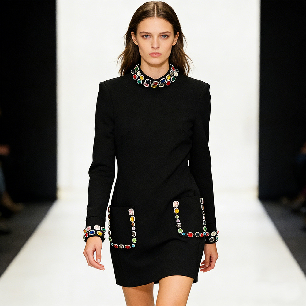 Fashionable Long Sleeve Beaded Dress With Colorful Gems