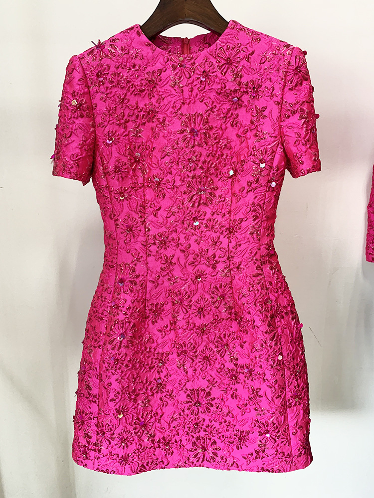 Fashionable Rose Pink Embroidered Short Sleeve Dress - Image 6