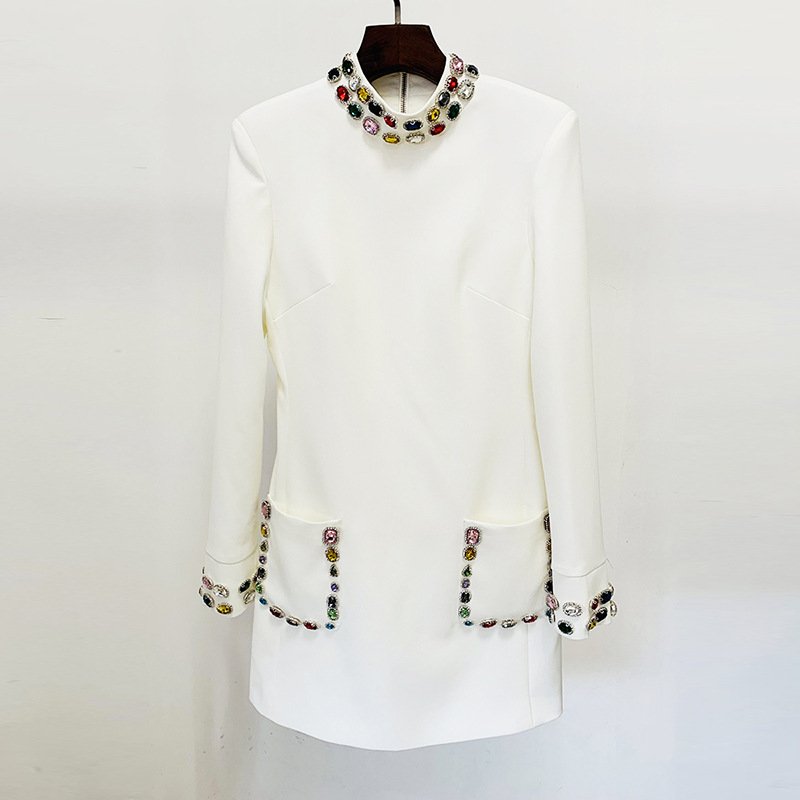 Fashionable Long Sleeve Beaded Dress With Colorful Gems - Image 4