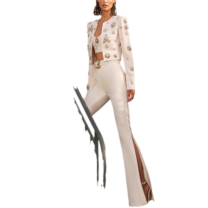Fashionable Pearl Embellished Short Jacket & Flared Pants Set - Image 5