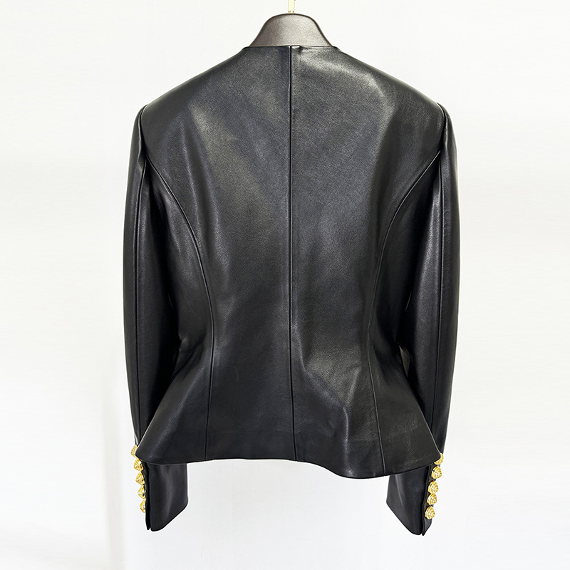 Fashionable Slim Fit Black Pu Leather Jacket With Snail Metal Buttons - Image 3