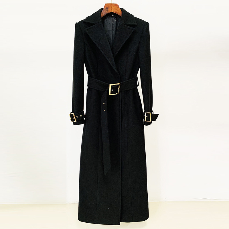 Trendy Black Long Woolen Coat With Belt - Image 3