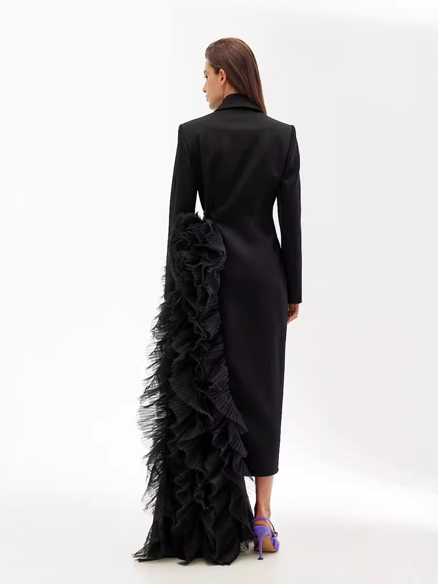 Asymmetrical Suit Dress With Tulle Details Elegant Maxi Coat - Image 4