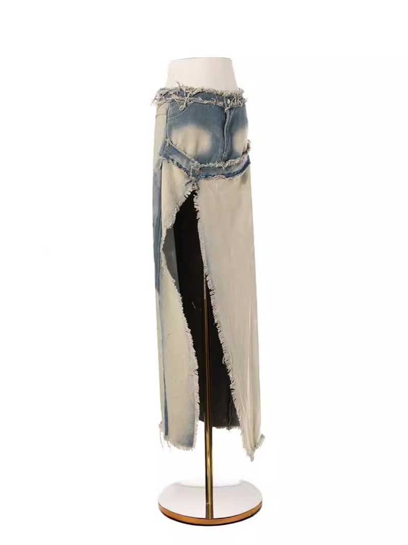 Distressed Wash Denim Split Midi Skirt Trendy Street Style - Image 3