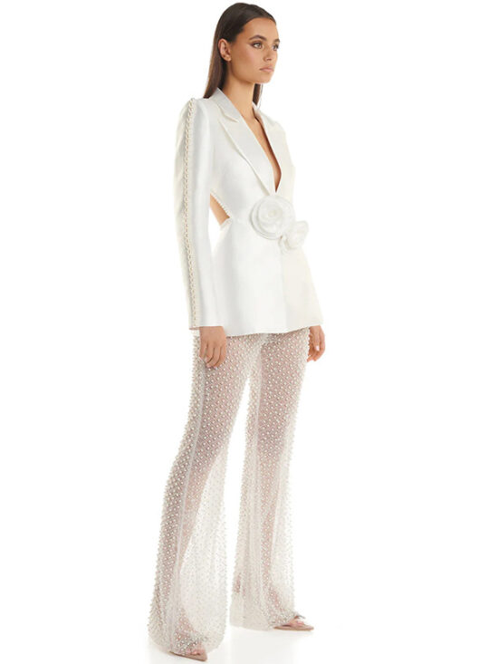 Trendy Hollow Floral Beaded Blazer Pants Set