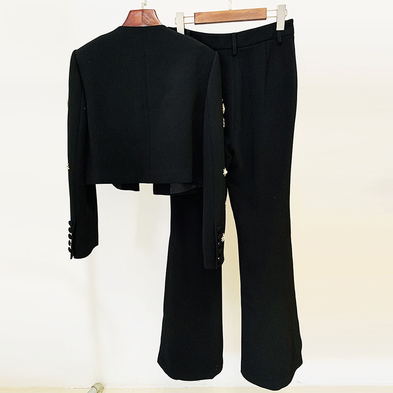 Trendy Casual Beaded Jacket And Flared Pants Set - Image 3