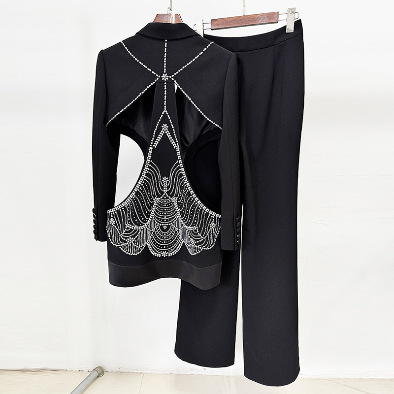 Trendy Hollow Out Rhinestone Blazer Suit Set - Image 4