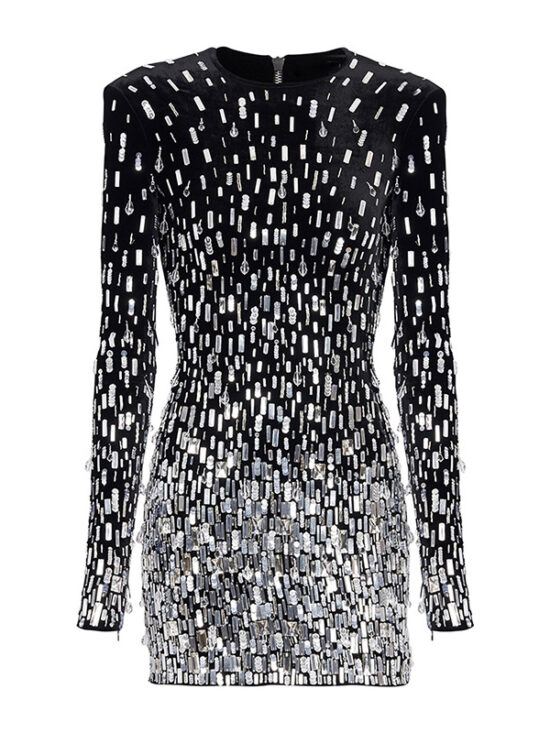 Elegant Black Velvet Sequin Long Sleeve Dress