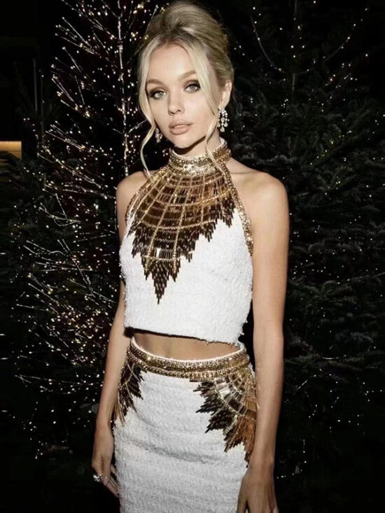 Fashionable Beaded Sequin Halter Neck Top And Mini Skirt Set