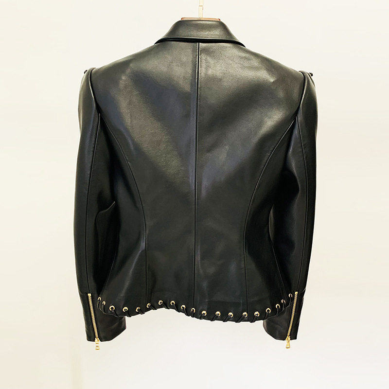 Stylish Black Pu Leather Blazer With Tie Waist - Image 3