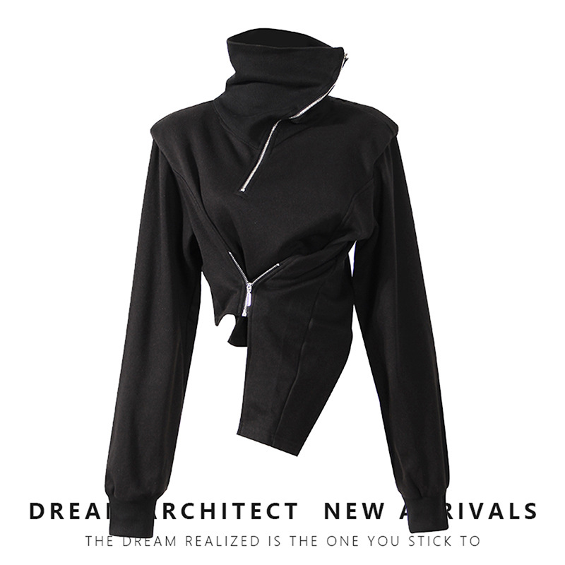 High Neck Cropped Sweatshirt With Asymmetric Hem