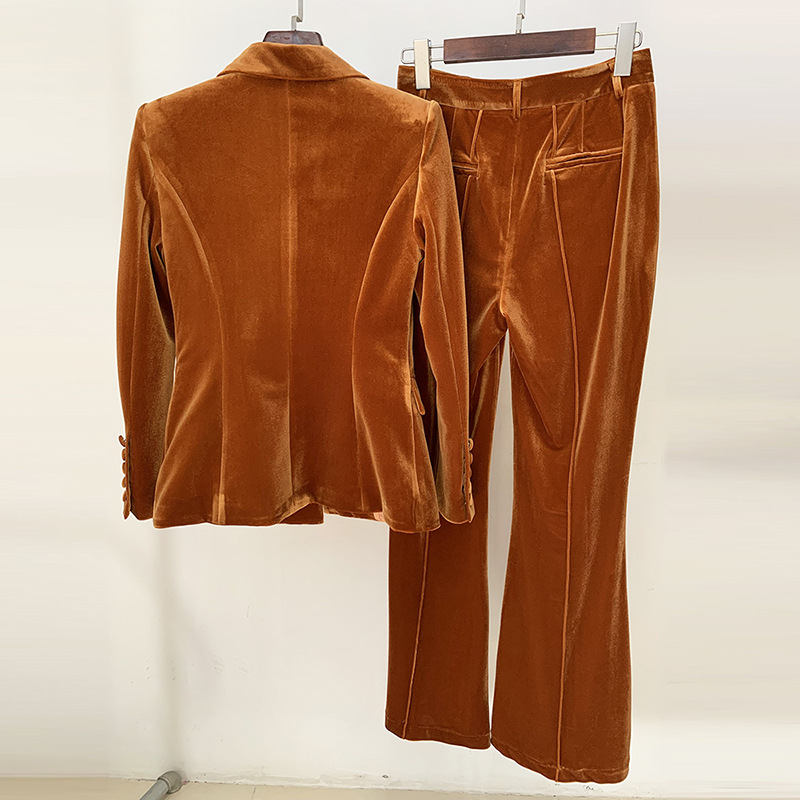 Women'S Fashionable Velvet Blazer And Flared Pants Set - Image 2