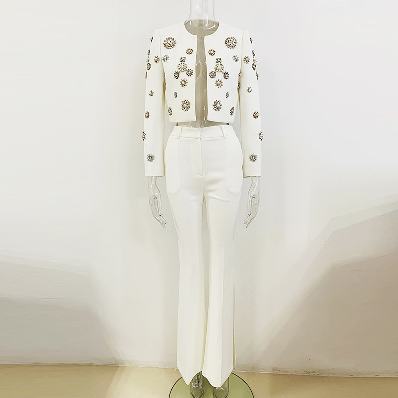 Fashionable Pearl Embellished Short Jacket & Flared Pants Set - Image 6