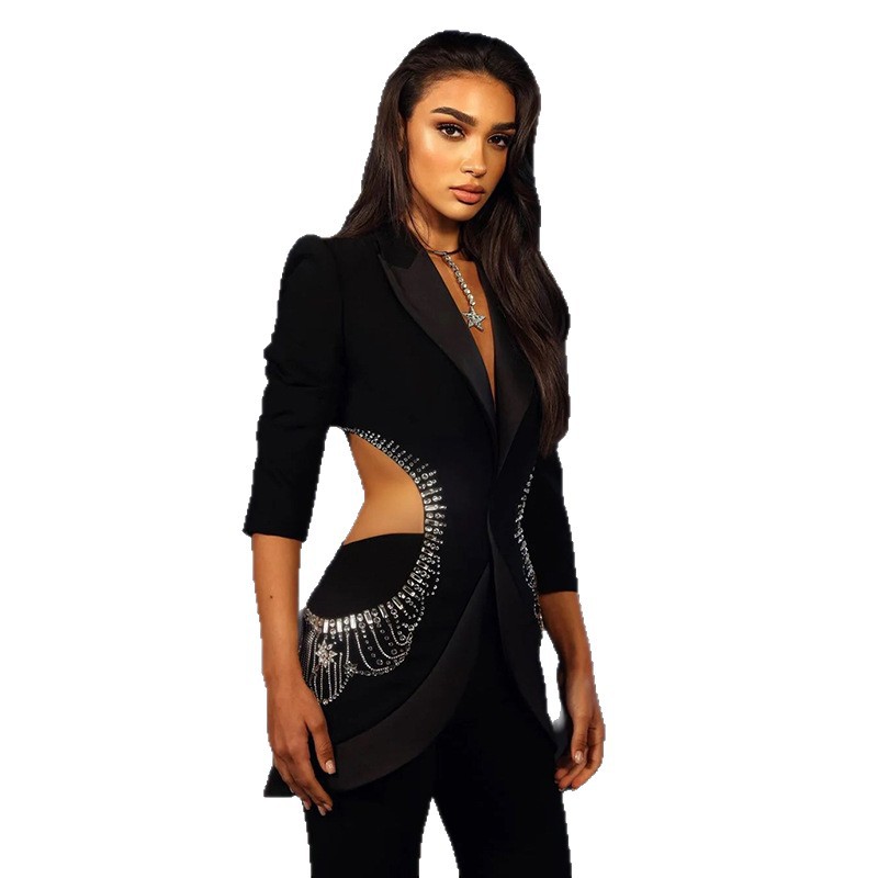 Trendy Hollow Out Rhinestone Blazer Suit Set - Image 5