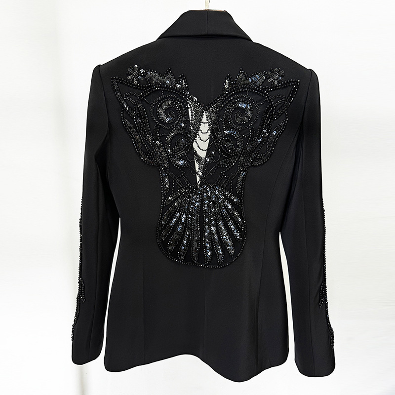 Fashionable Sheer Overlay Embellished Blazer & Chiffon Trousers Set - Image 3