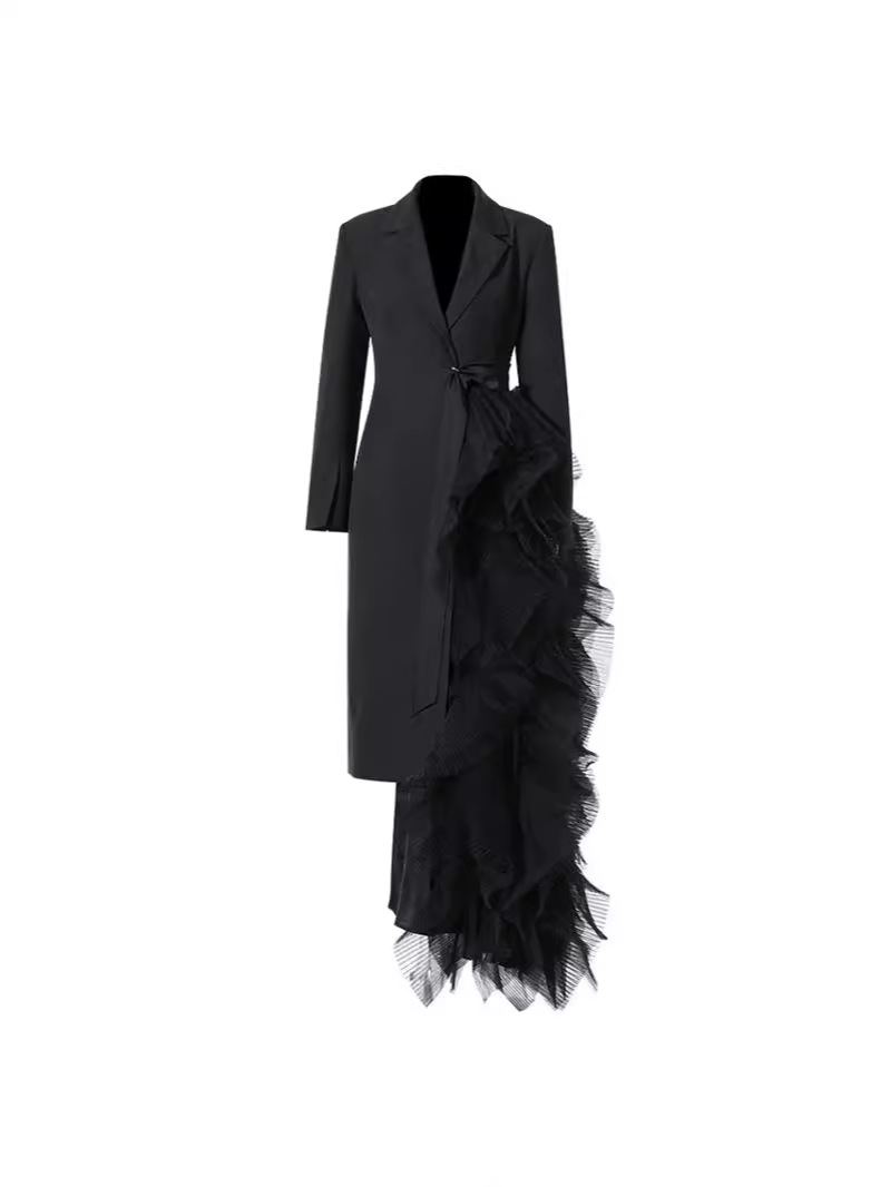 Asymmetrical Suit Dress With Tulle Details Elegant Maxi Coat - Image 5