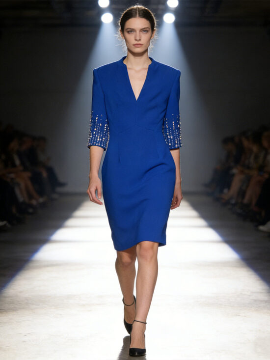 V-Neck Knee-Length Dress With Beaded Details For Parties